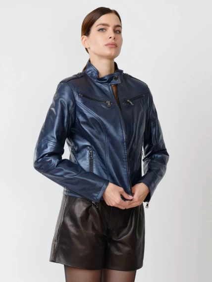 Кожаная куртка женская 399, синий перламутр, размер 50, артикул 90932-2